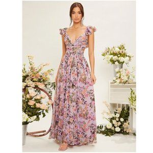 SHEIN Belle Floral Print Sweetheart Neck Lace Up Backless Ruffle Trim Dress Med